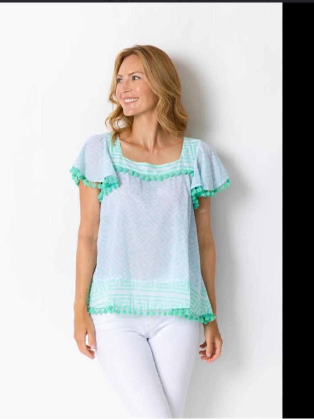 Rare sail to sable Pom Pom printed green blouse top summer resort $120 L casual